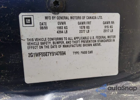 2000 Chevrolet Impala from USA, damaged, VIN 2G1WF55E7Y9147694